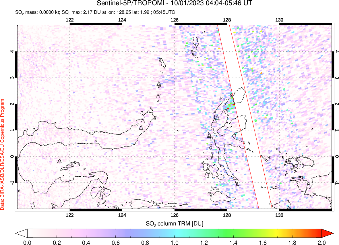 A sulfur dioxide image over Northern Sulawesi & Halmahera, Indonesia on Oct 01, 2023.