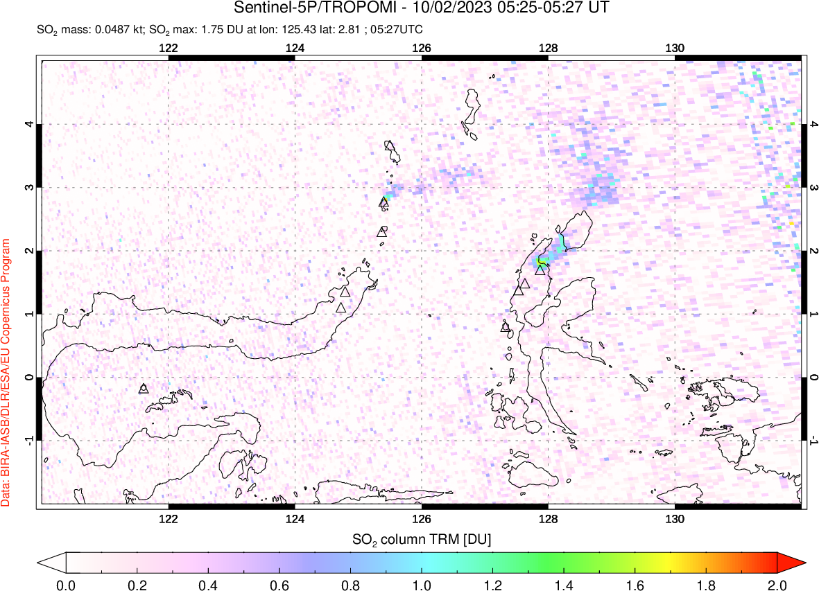 A sulfur dioxide image over Northern Sulawesi & Halmahera, Indonesia on Oct 02, 2023.