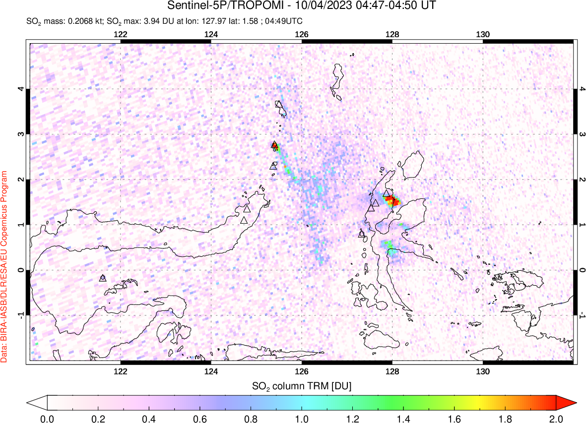 A sulfur dioxide image over Northern Sulawesi & Halmahera, Indonesia on Oct 04, 2023.