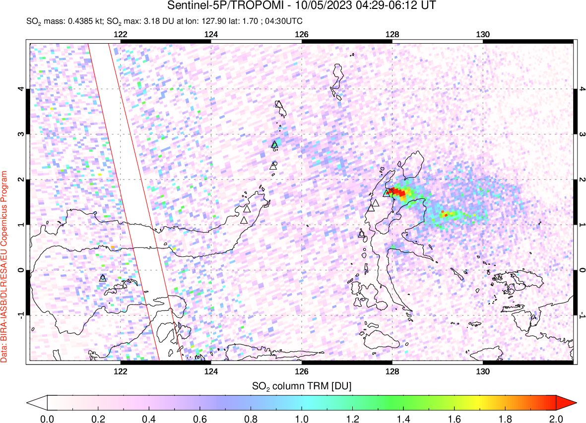 A sulfur dioxide image over Northern Sulawesi & Halmahera, Indonesia on Oct 05, 2023.