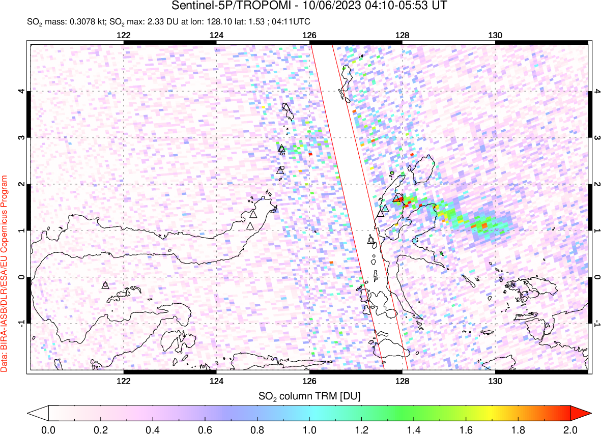 A sulfur dioxide image over Northern Sulawesi & Halmahera, Indonesia on Oct 06, 2023.