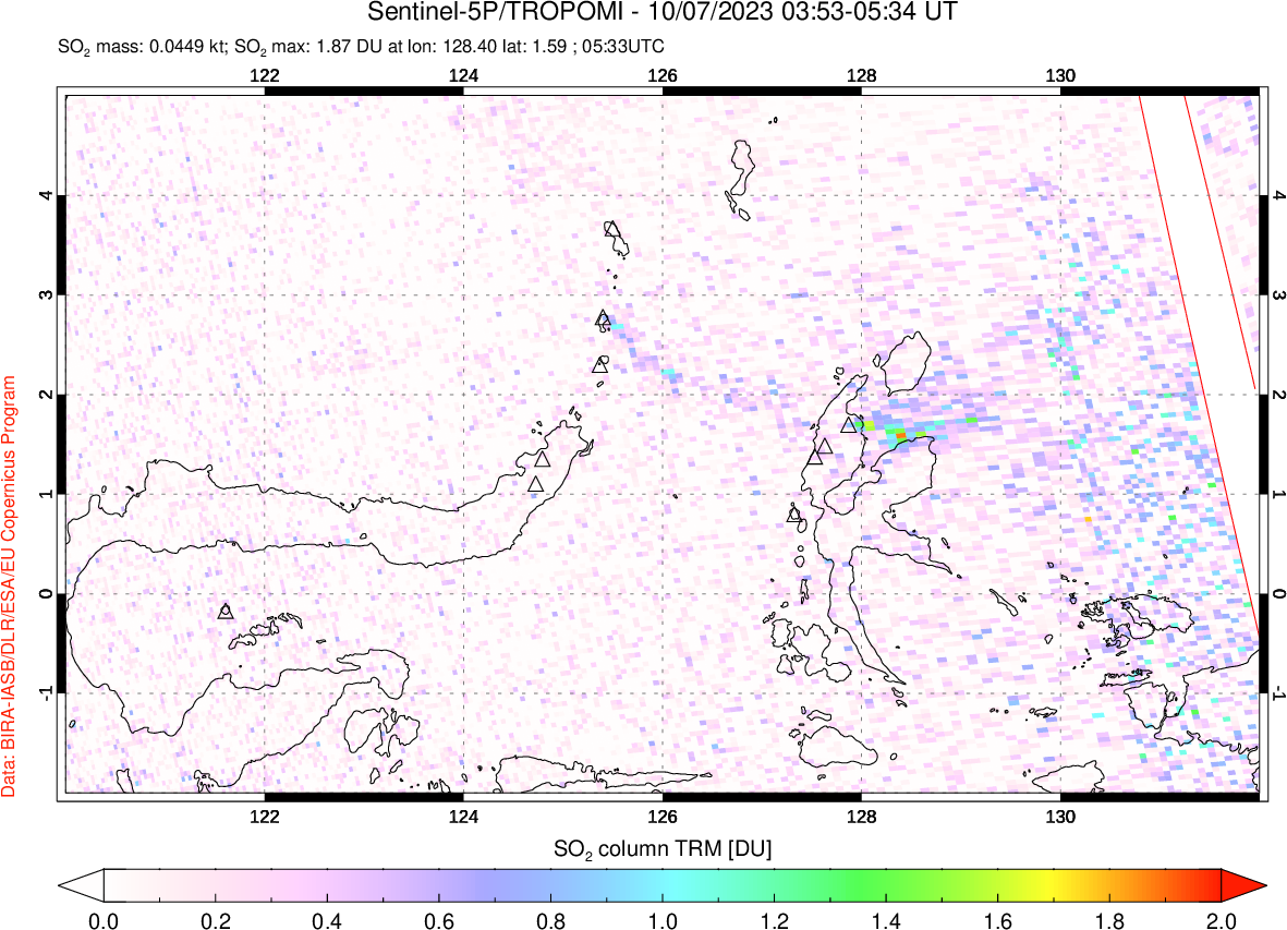 A sulfur dioxide image over Northern Sulawesi & Halmahera, Indonesia on Oct 07, 2023.