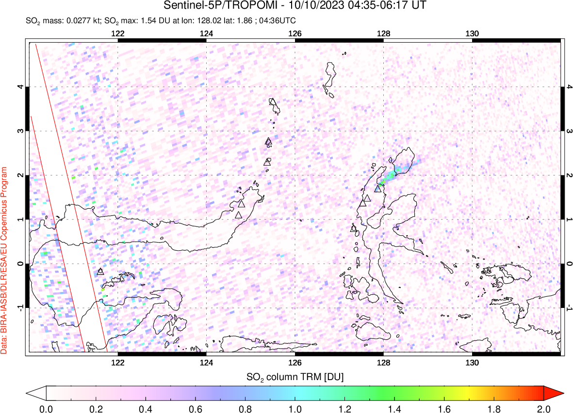 A sulfur dioxide image over Northern Sulawesi & Halmahera, Indonesia on Oct 10, 2023.