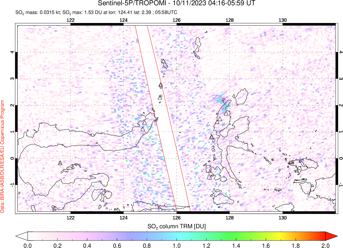 A sulfur dioxide image over Northern Sulawesi & Halmahera, Indonesia on Oct 11, 2023.