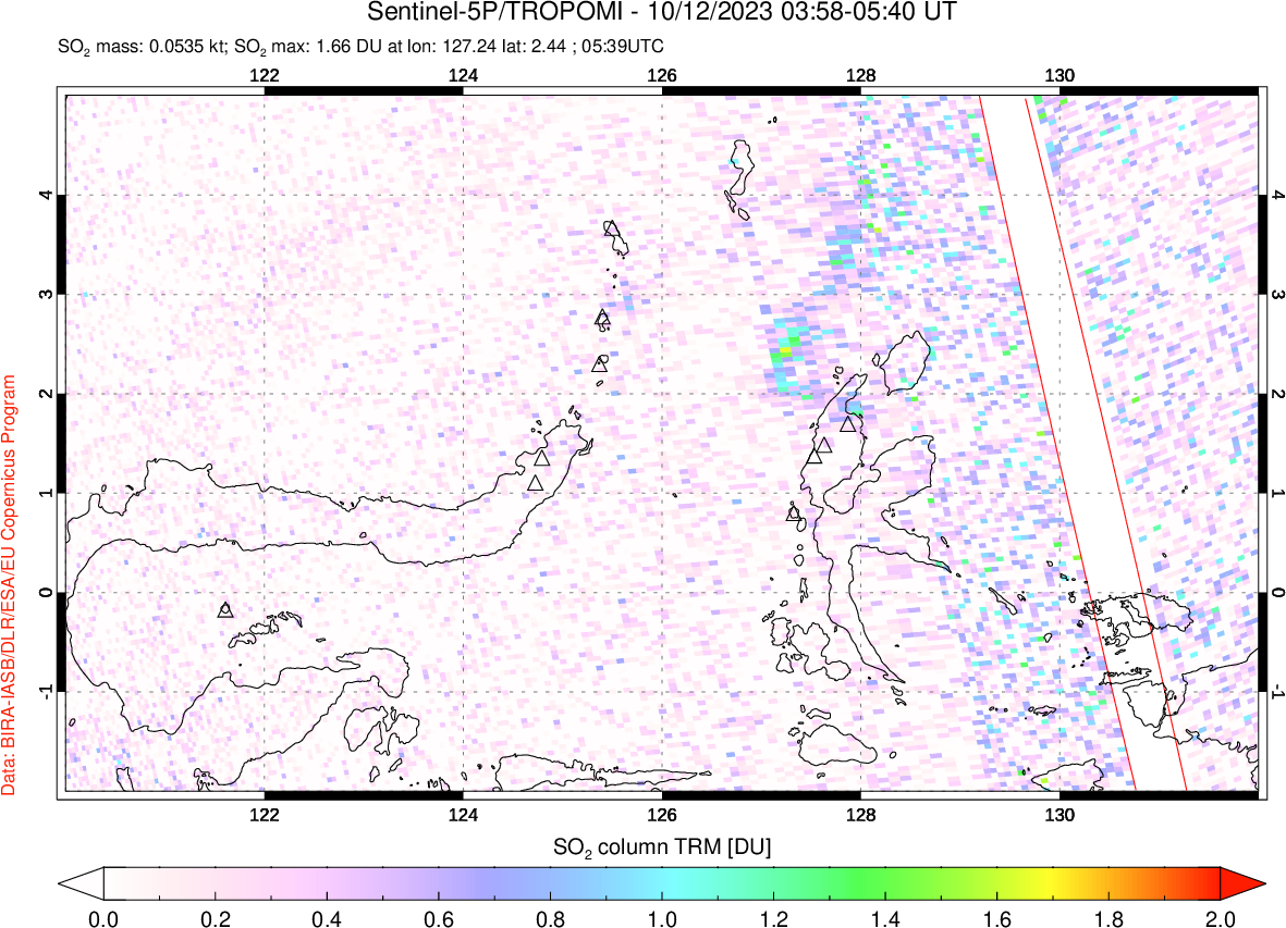 A sulfur dioxide image over Northern Sulawesi & Halmahera, Indonesia on Oct 12, 2023.