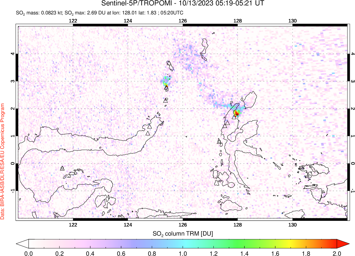 A sulfur dioxide image over Northern Sulawesi & Halmahera, Indonesia on Oct 13, 2023.