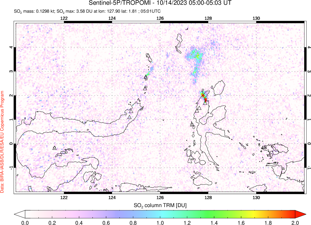 A sulfur dioxide image over Northern Sulawesi & Halmahera, Indonesia on Oct 14, 2023.