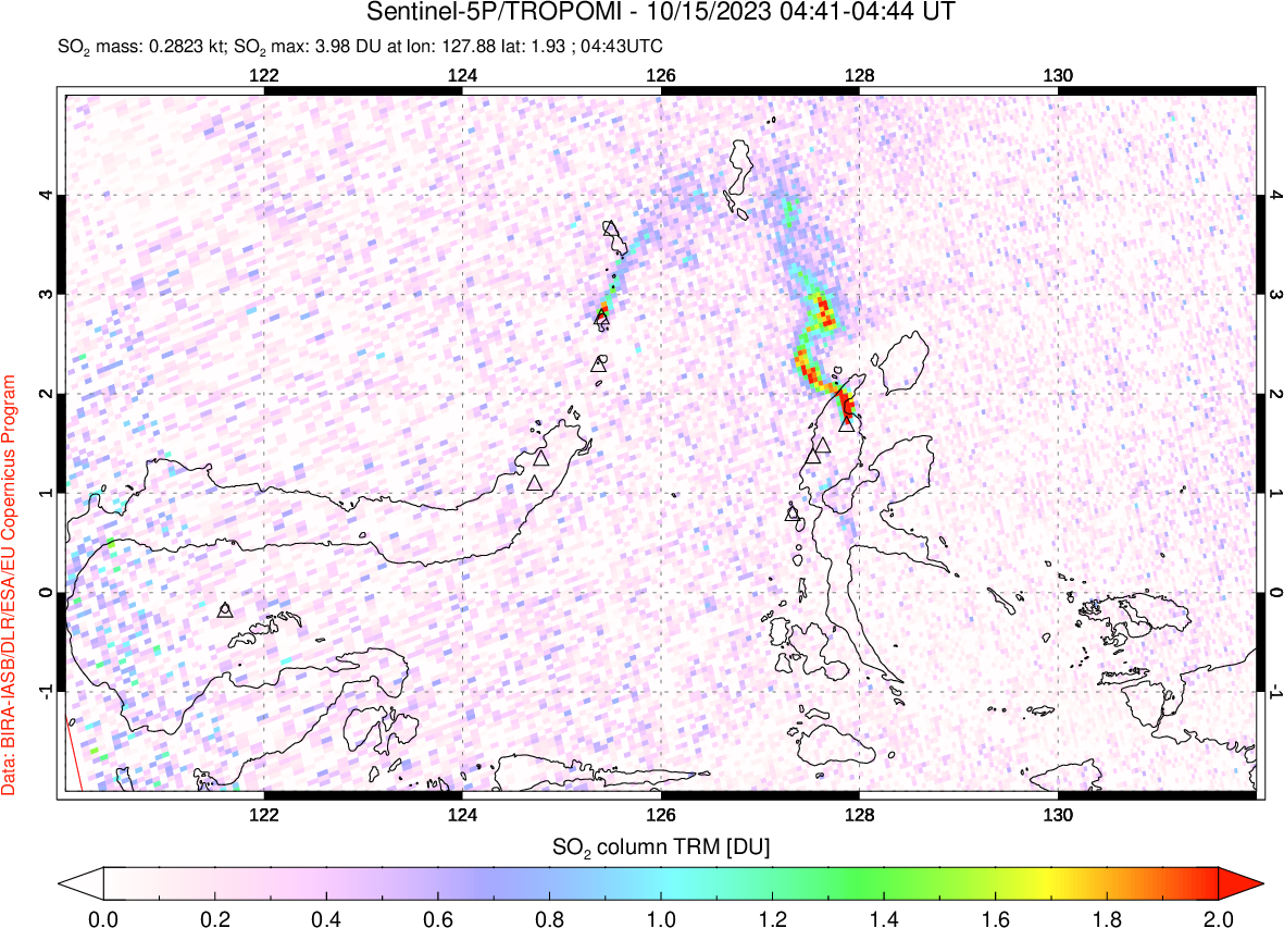 A sulfur dioxide image over Northern Sulawesi & Halmahera, Indonesia on Oct 15, 2023.