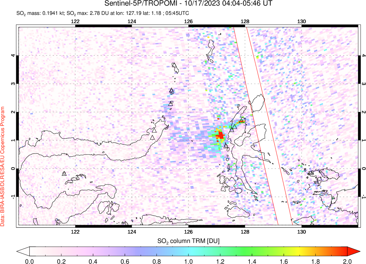 A sulfur dioxide image over Northern Sulawesi & Halmahera, Indonesia on Oct 17, 2023.