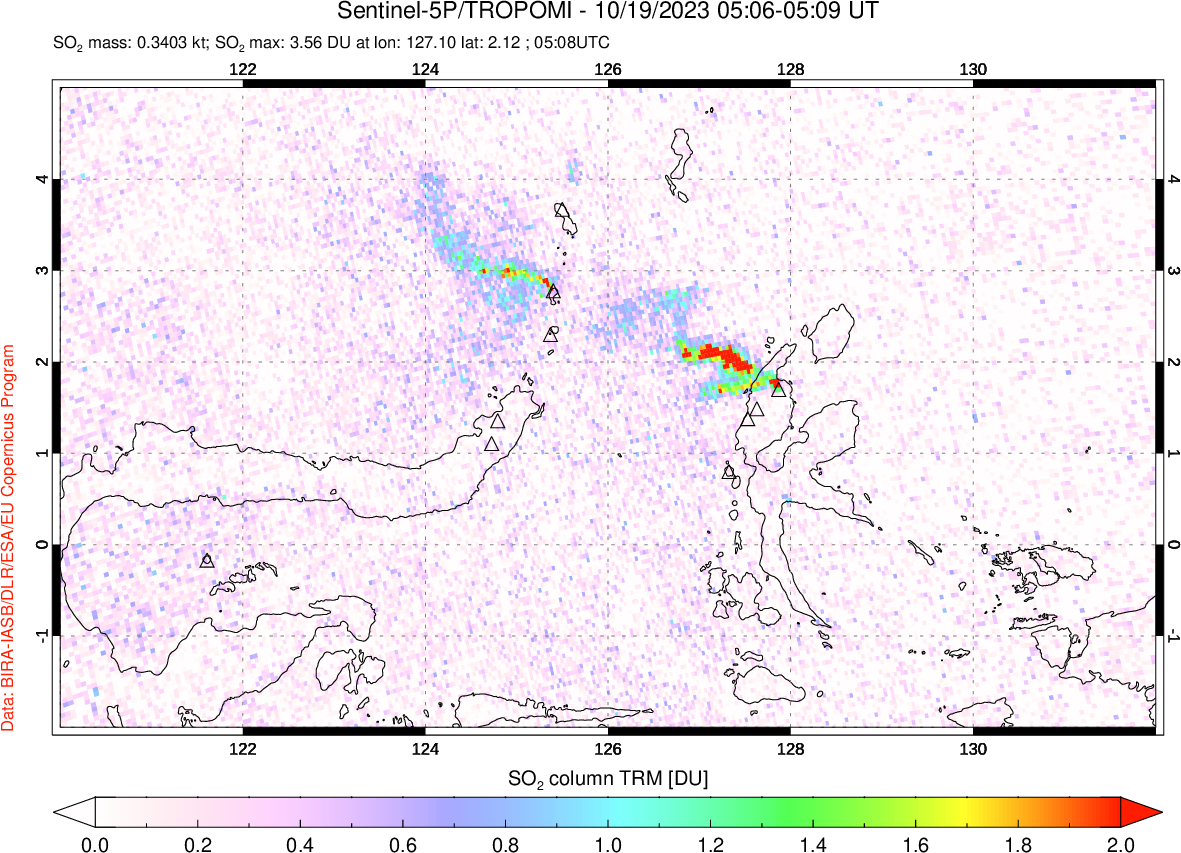 A sulfur dioxide image over Northern Sulawesi & Halmahera, Indonesia on Oct 19, 2023.