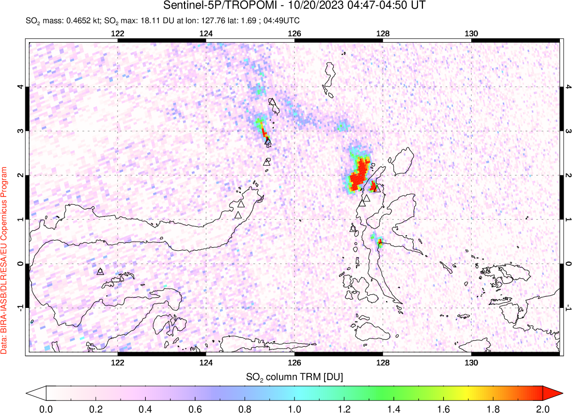 A sulfur dioxide image over Northern Sulawesi & Halmahera, Indonesia on Oct 20, 2023.