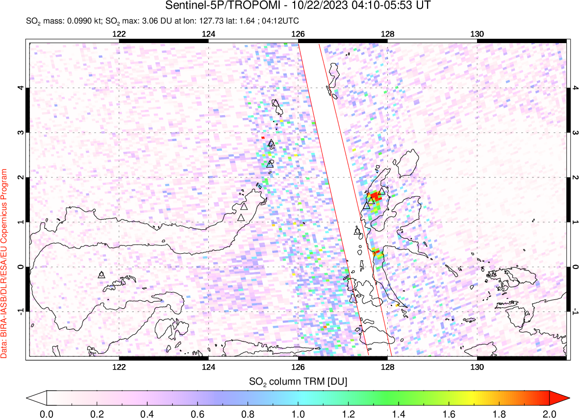 A sulfur dioxide image over Northern Sulawesi & Halmahera, Indonesia on Oct 22, 2023.