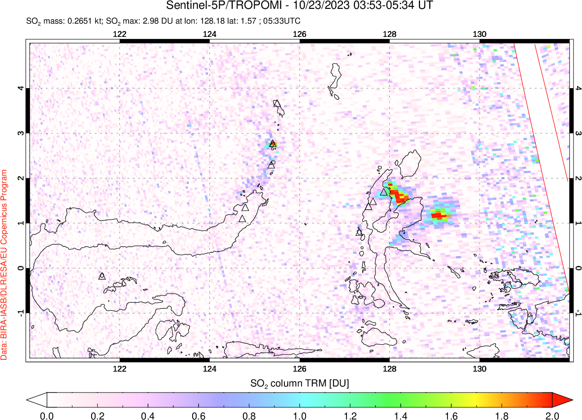 A sulfur dioxide image over Northern Sulawesi & Halmahera, Indonesia on Oct 23, 2023.