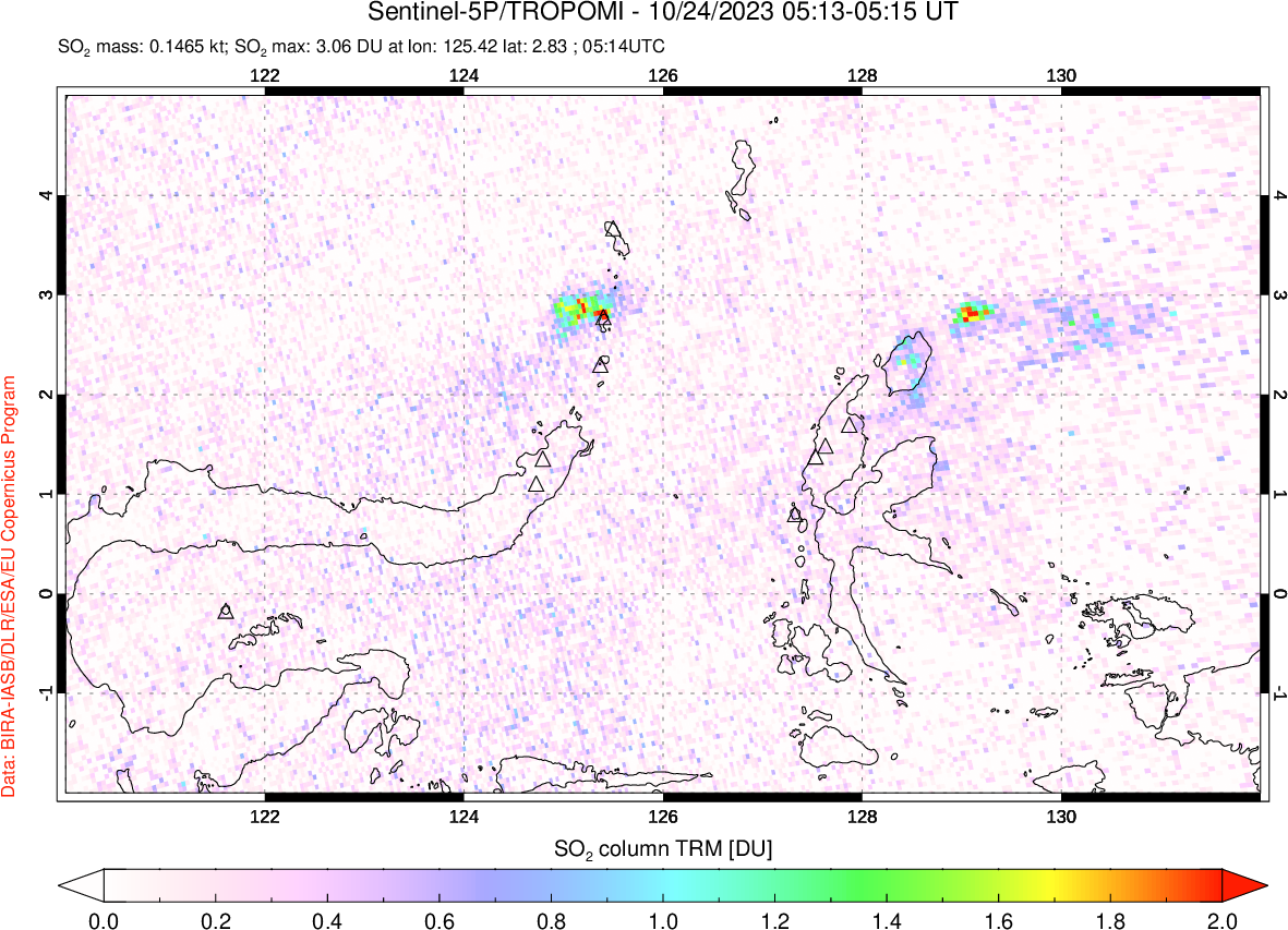 A sulfur dioxide image over Northern Sulawesi & Halmahera, Indonesia on Oct 24, 2023.