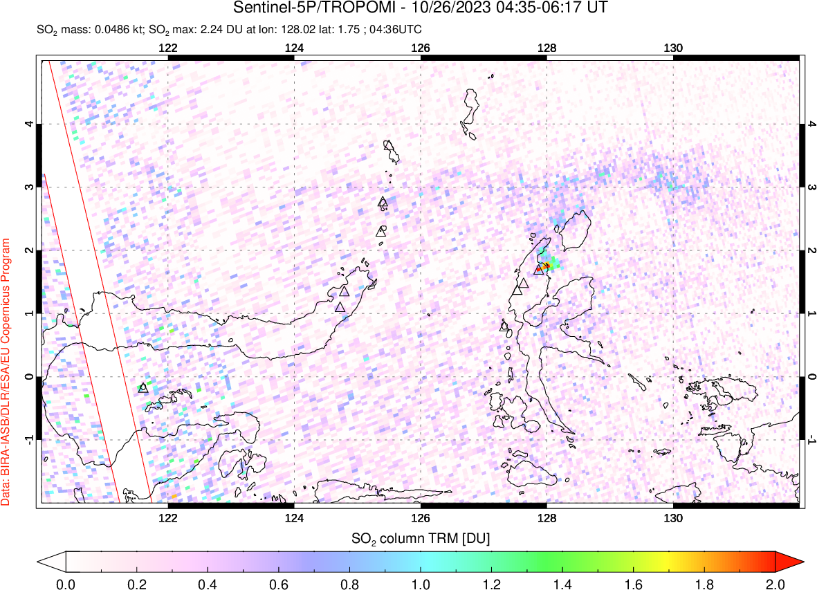 A sulfur dioxide image over Northern Sulawesi & Halmahera, Indonesia on Oct 26, 2023.