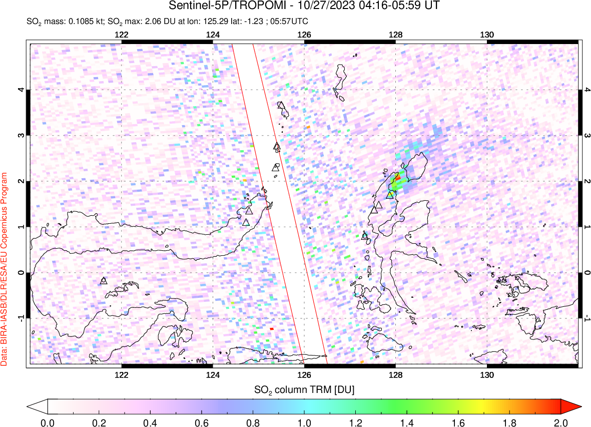 A sulfur dioxide image over Northern Sulawesi & Halmahera, Indonesia on Oct 27, 2023.