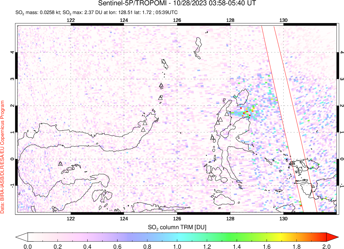 A sulfur dioxide image over Northern Sulawesi & Halmahera, Indonesia on Oct 28, 2023.