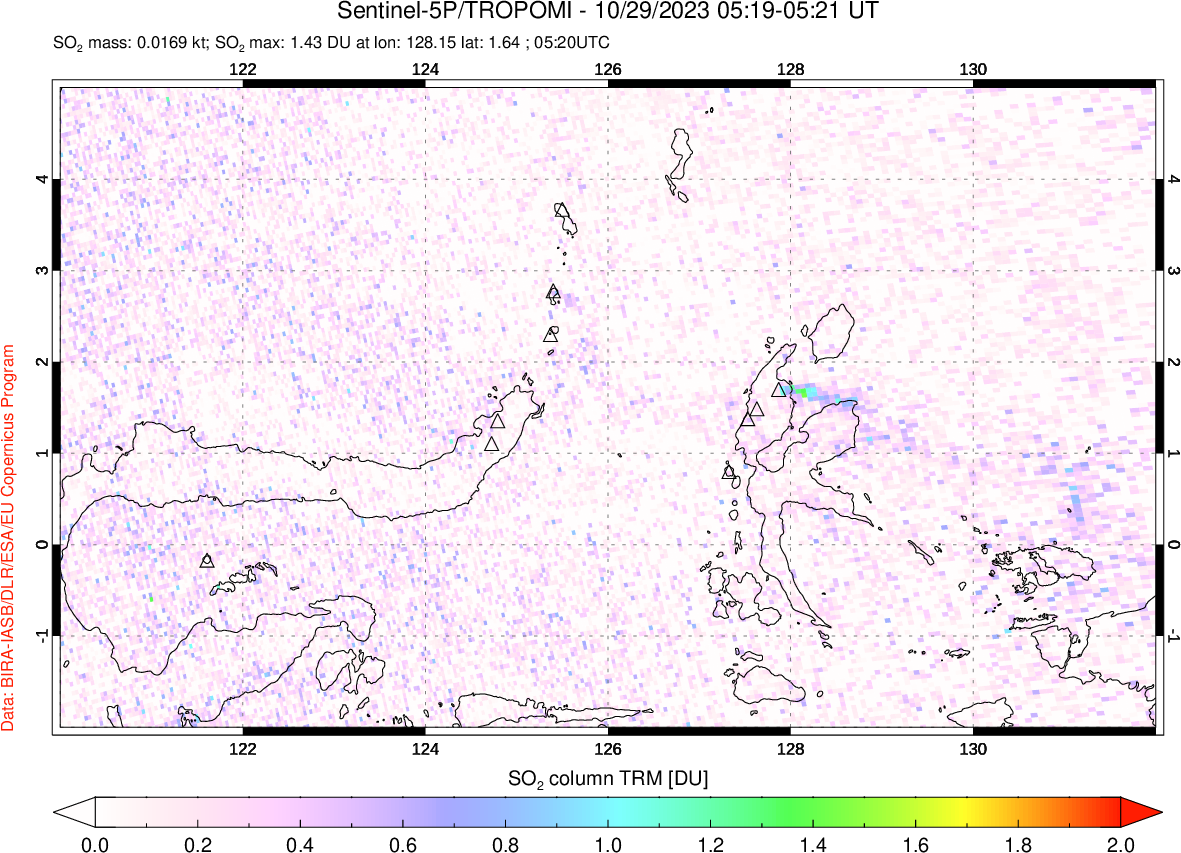 A sulfur dioxide image over Northern Sulawesi & Halmahera, Indonesia on Oct 29, 2023.