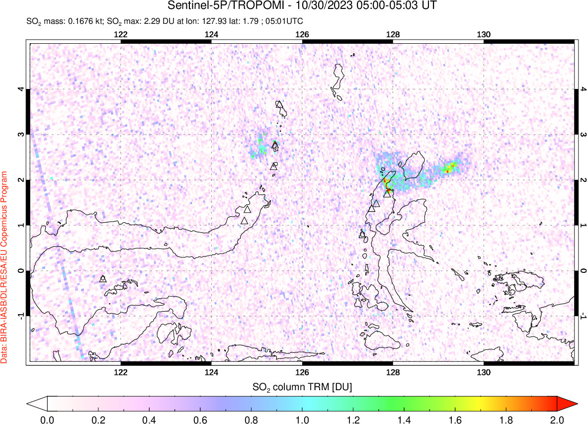 A sulfur dioxide image over Northern Sulawesi & Halmahera, Indonesia on Oct 30, 2023.