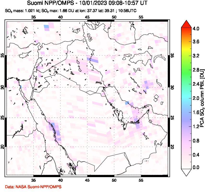 A sulfur dioxide image over Middle East on Oct 01, 2023.