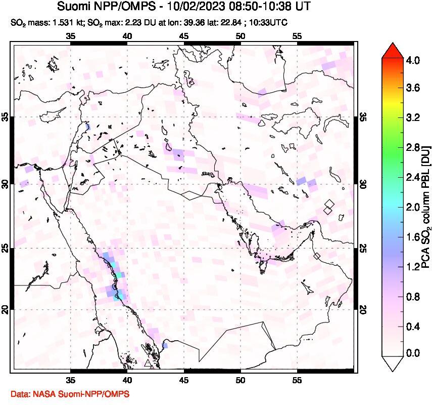 A sulfur dioxide image over Middle East on Oct 02, 2023.