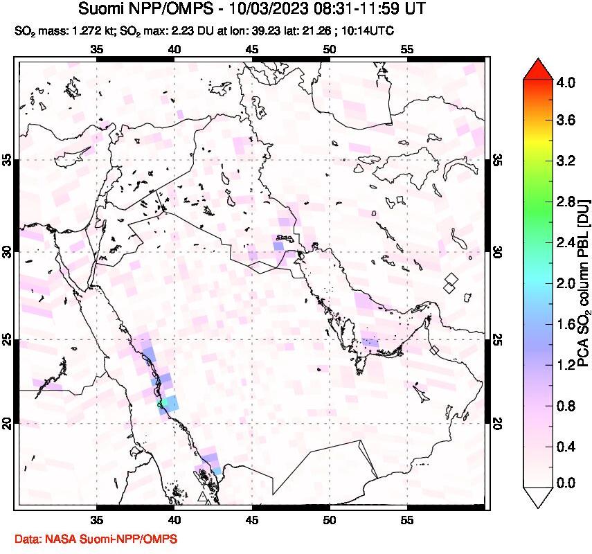 A sulfur dioxide image over Middle East on Oct 03, 2023.