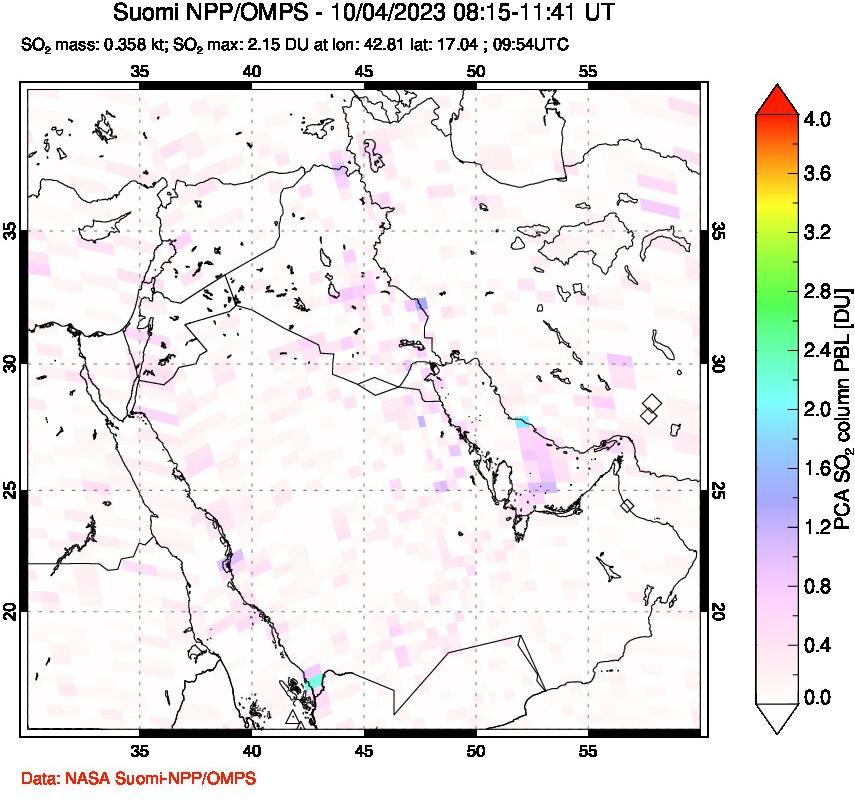 A sulfur dioxide image over Middle East on Oct 04, 2023.