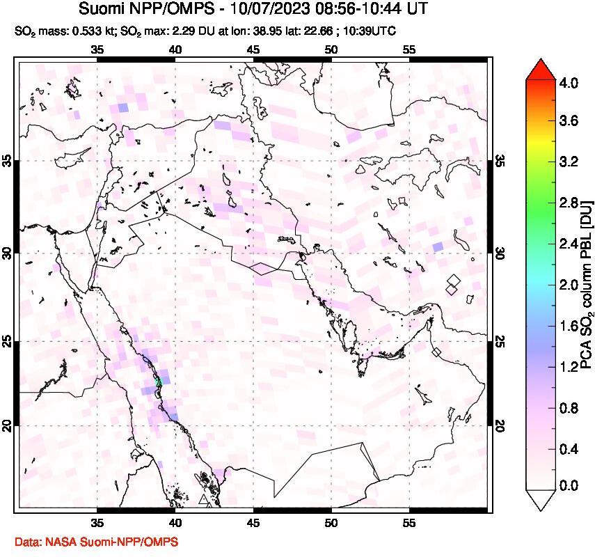 A sulfur dioxide image over Middle East on Oct 07, 2023.