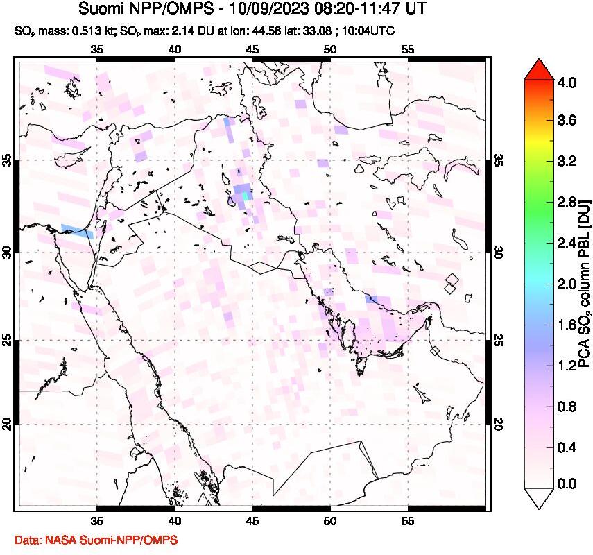 A sulfur dioxide image over Middle East on Oct 09, 2023.