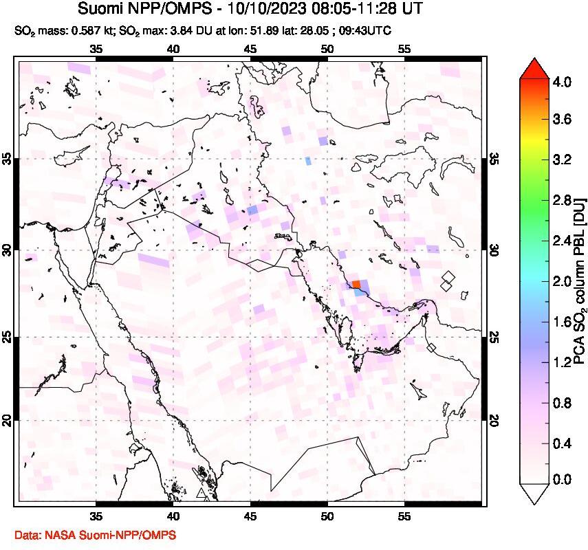 A sulfur dioxide image over Middle East on Oct 10, 2023.