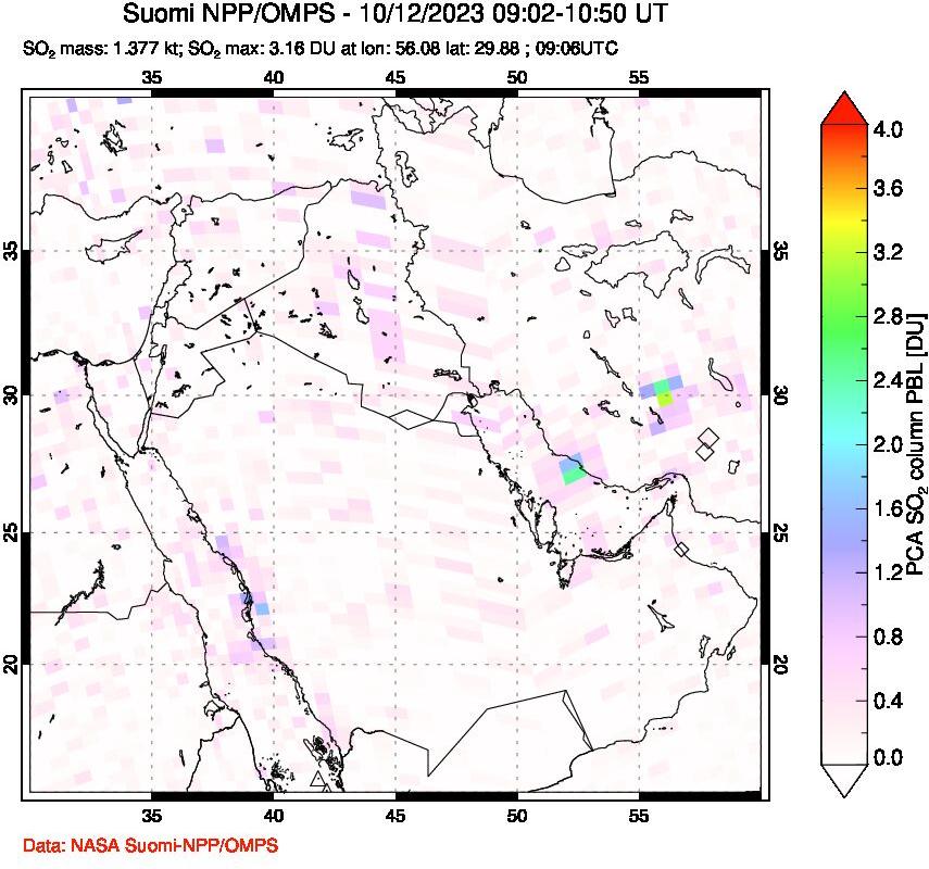 A sulfur dioxide image over Middle East on Oct 12, 2023.