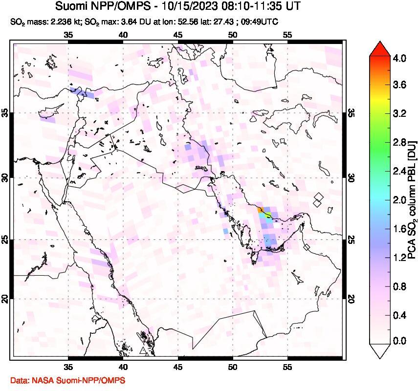 A sulfur dioxide image over Middle East on Oct 15, 2023.