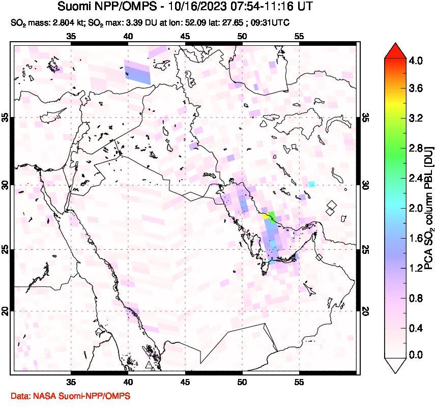 A sulfur dioxide image over Middle East on Oct 16, 2023.