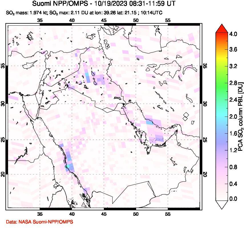 A sulfur dioxide image over Middle East on Oct 19, 2023.