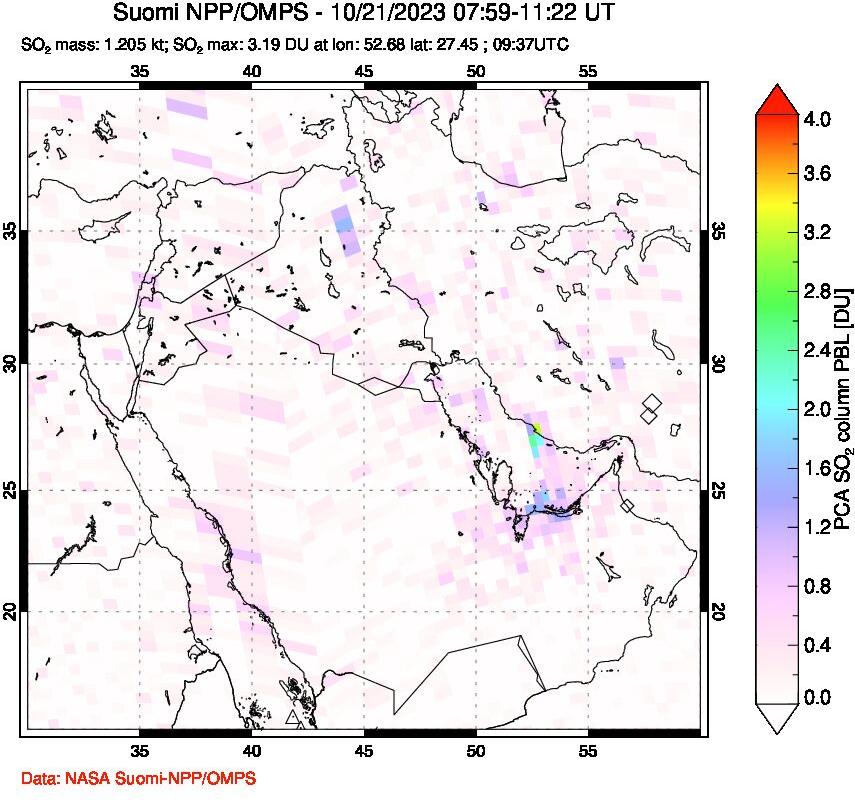 A sulfur dioxide image over Middle East on Oct 21, 2023.