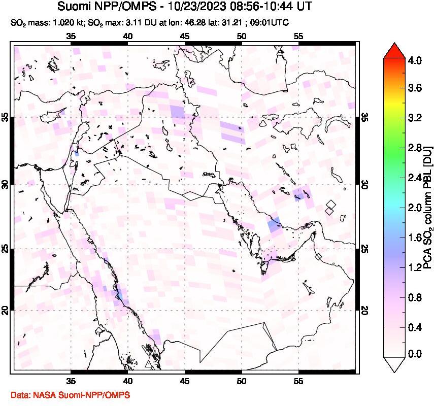 A sulfur dioxide image over Middle East on Oct 23, 2023.