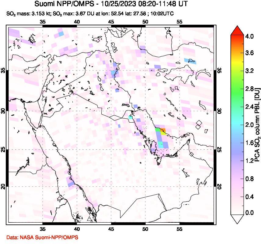 A sulfur dioxide image over Middle East on Oct 25, 2023.