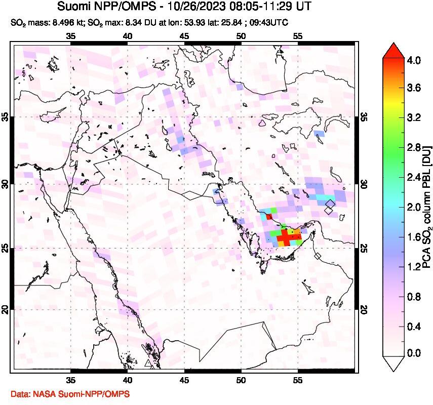 A sulfur dioxide image over Middle East on Oct 26, 2023.