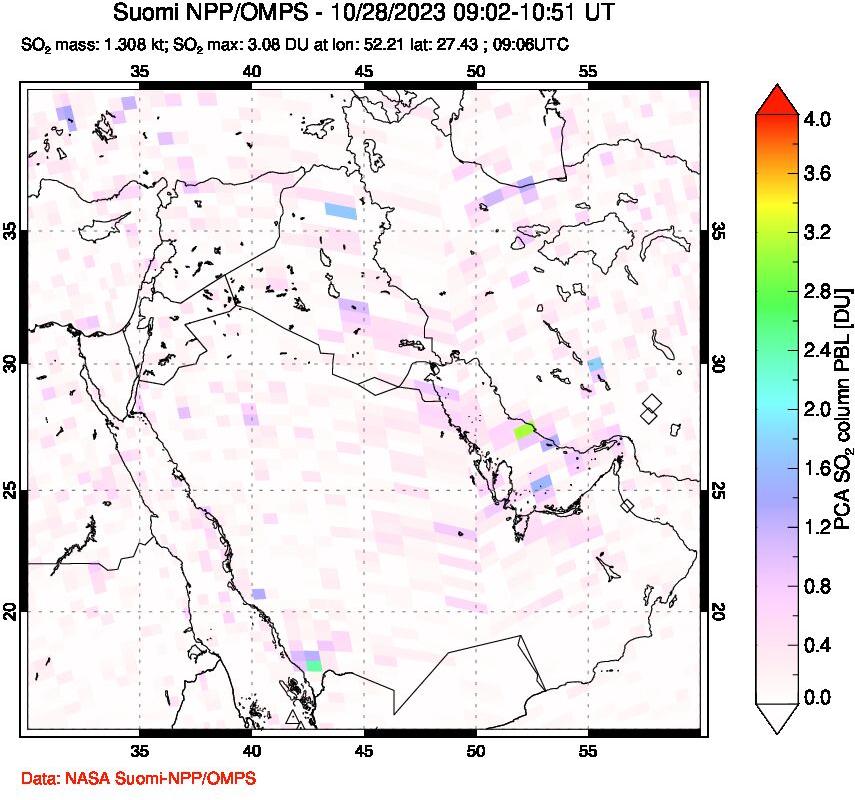 A sulfur dioxide image over Middle East on Oct 28, 2023.