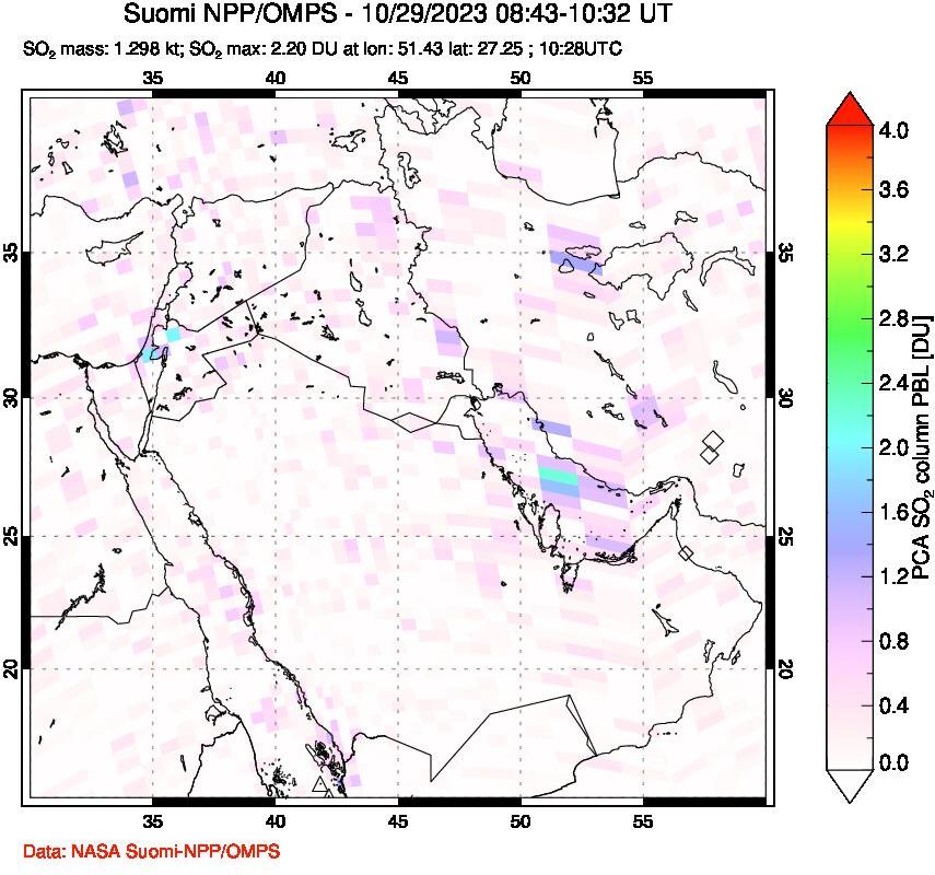 A sulfur dioxide image over Middle East on Oct 29, 2023.