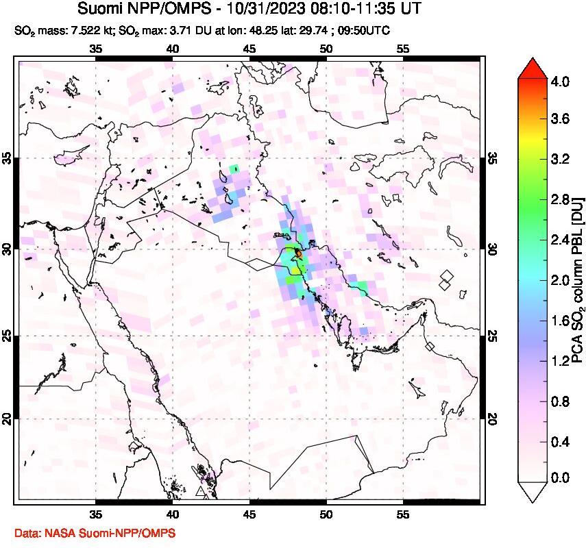 A sulfur dioxide image over Middle East on Oct 31, 2023.