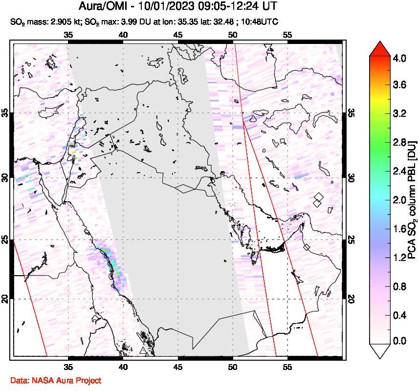 A sulfur dioxide image over Middle East on Oct 01, 2023.