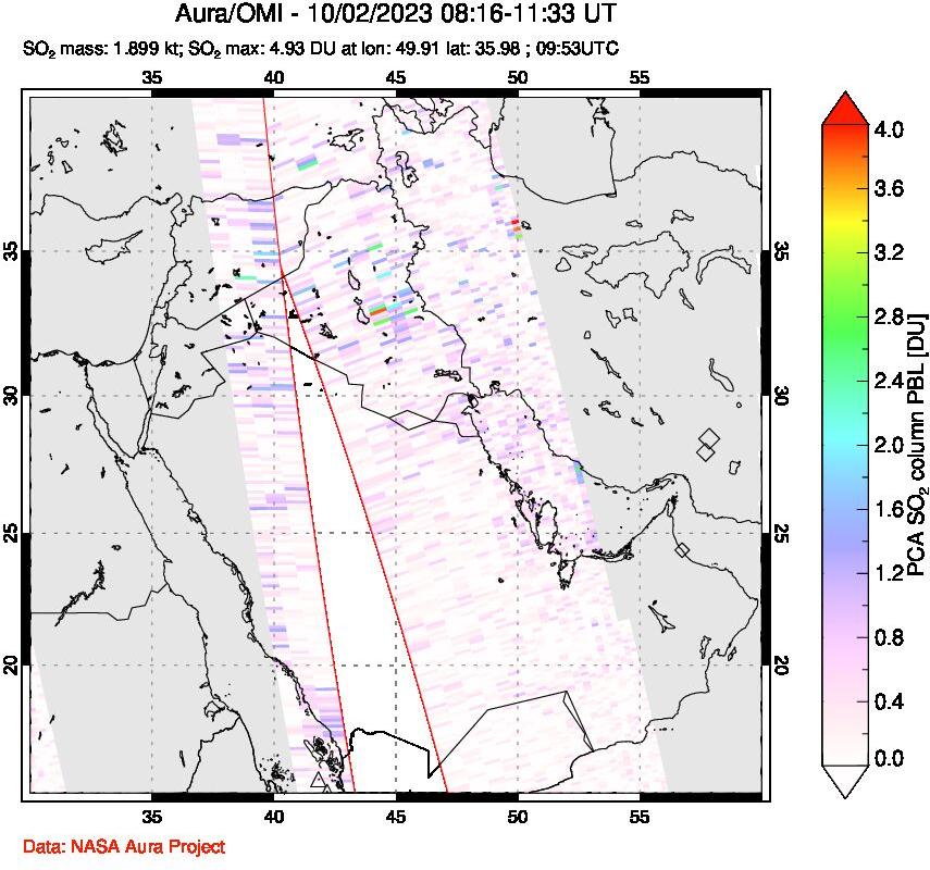 A sulfur dioxide image over Middle East on Oct 02, 2023.