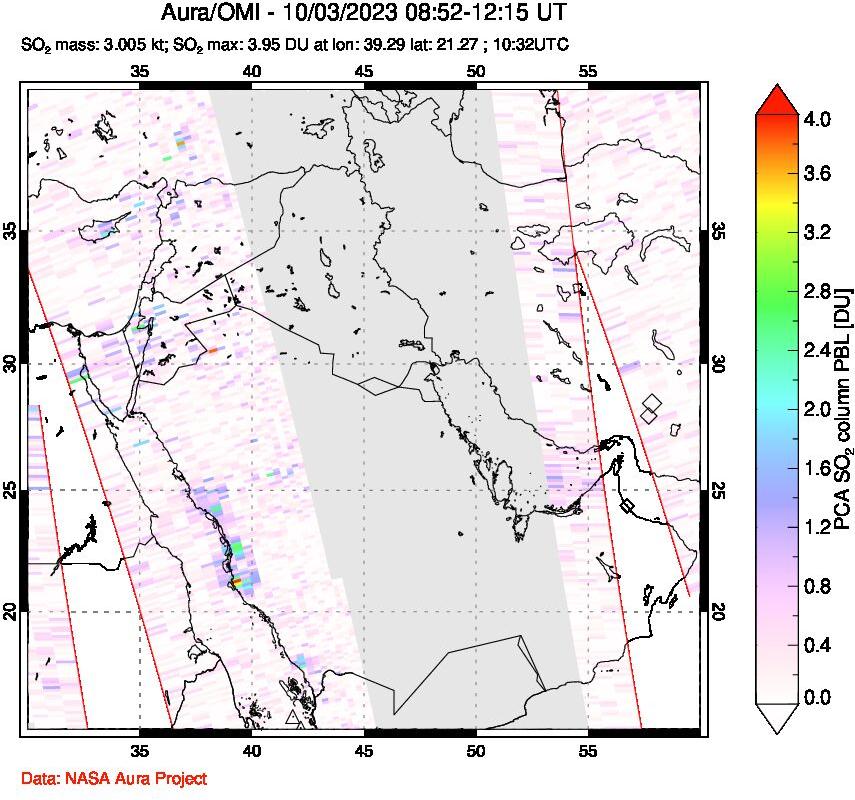 A sulfur dioxide image over Middle East on Oct 03, 2023.