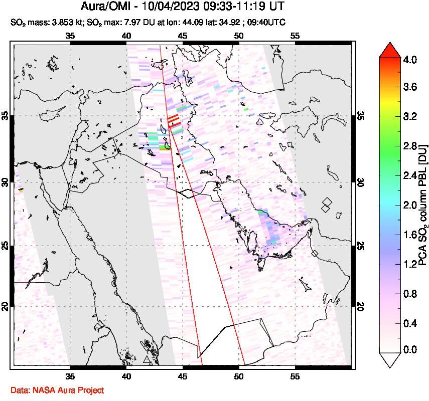 A sulfur dioxide image over Middle East on Oct 04, 2023.