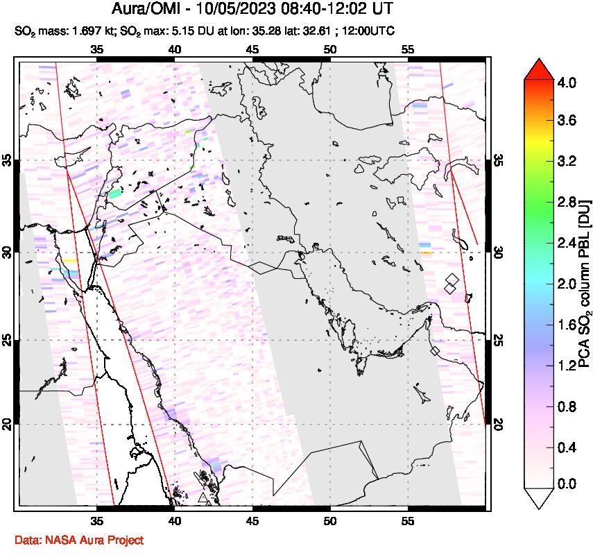 A sulfur dioxide image over Middle East on Oct 05, 2023.