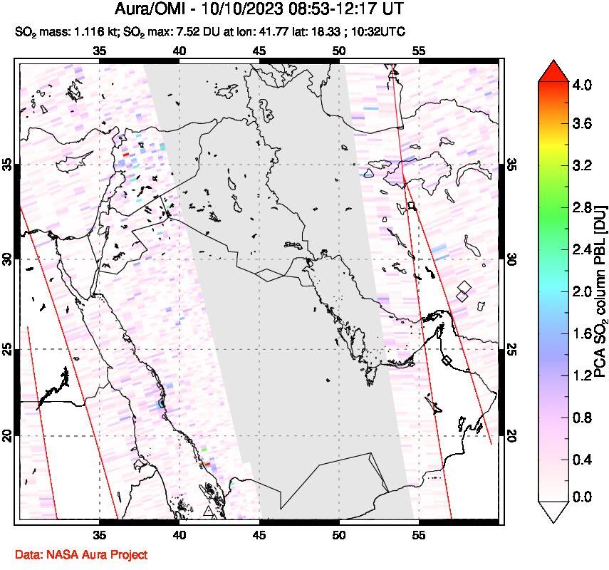 A sulfur dioxide image over Middle East on Oct 10, 2023.