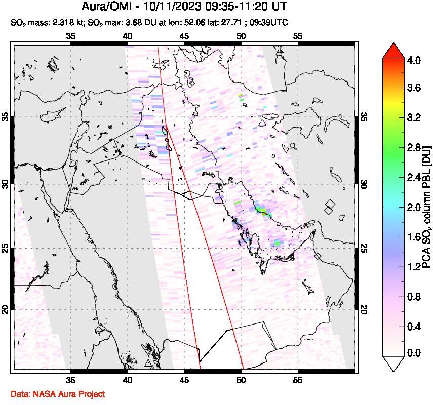 A sulfur dioxide image over Middle East on Oct 11, 2023.