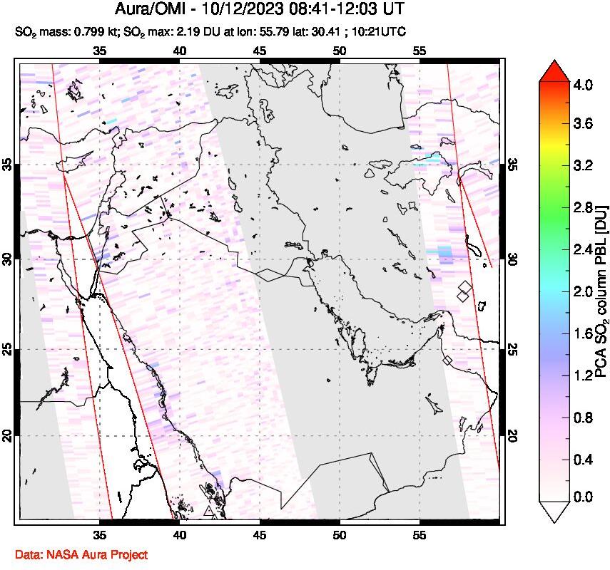 A sulfur dioxide image over Middle East on Oct 12, 2023.