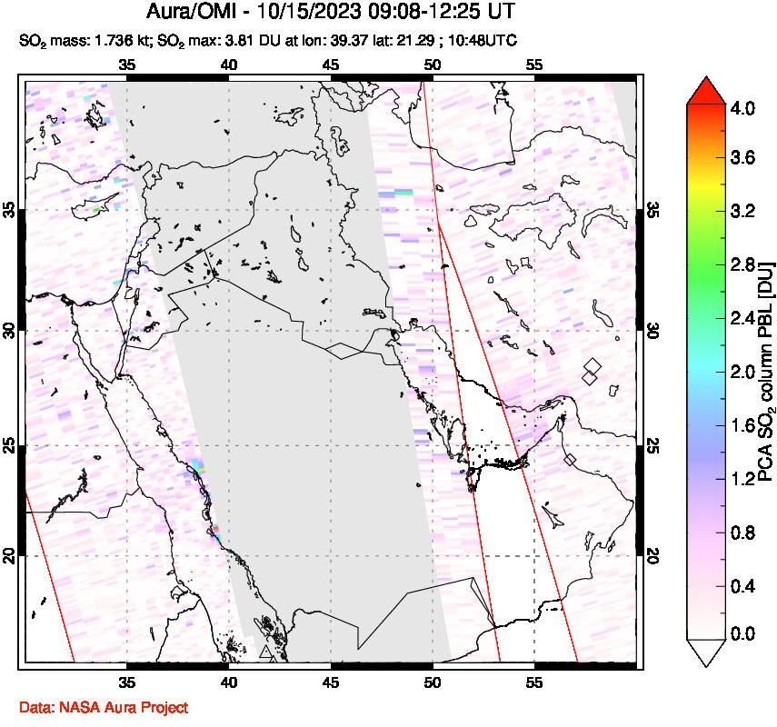 A sulfur dioxide image over Middle East on Oct 15, 2023.